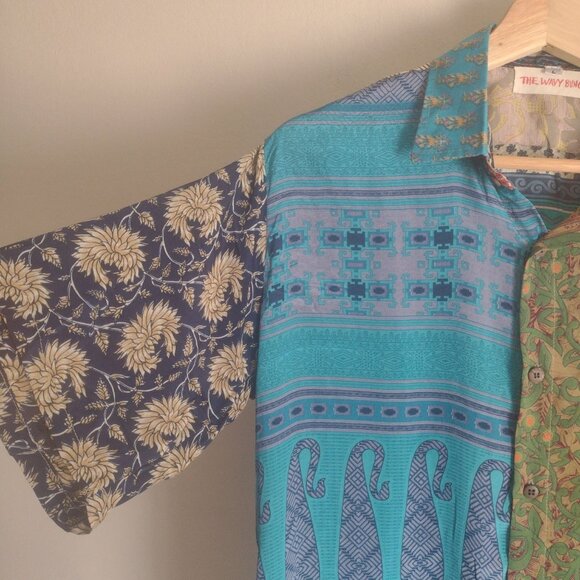The Wavy Bunch Mens Patchwork Shirt L Festival Slim Fit Silky Upcycled Shirt - Picture 4 of 9